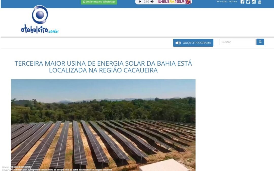 Terceira maior usina de energia solar da Bahia está localizada na região Cacaueira